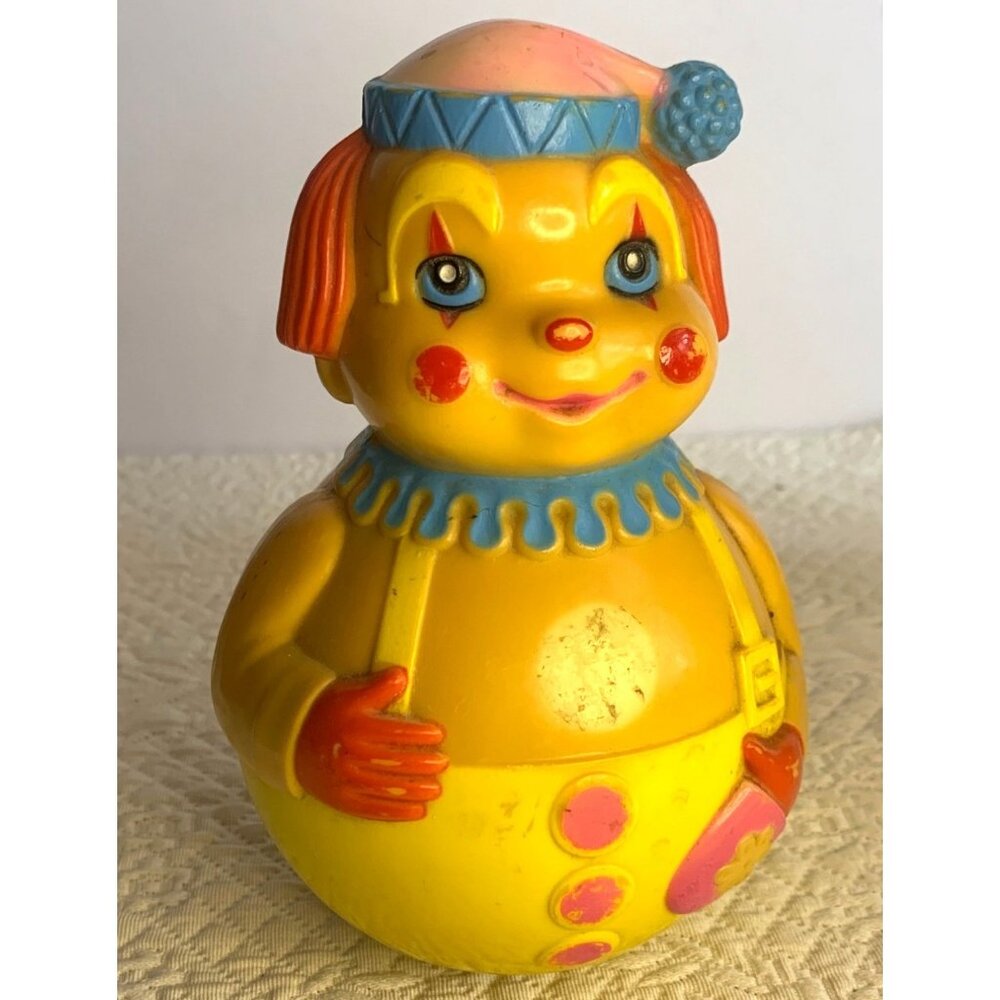 Vintage 1972 The First Years Yellow Roly Poly Clown Toy 6.25"